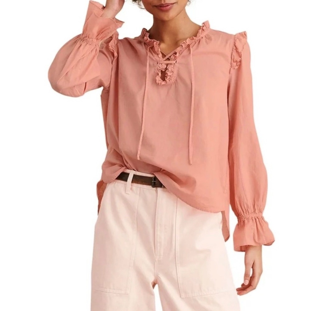 Alex Mill Lani Ruffle Lace Up Blouse Womens XS Cotton Feminine Long Sleeve Top